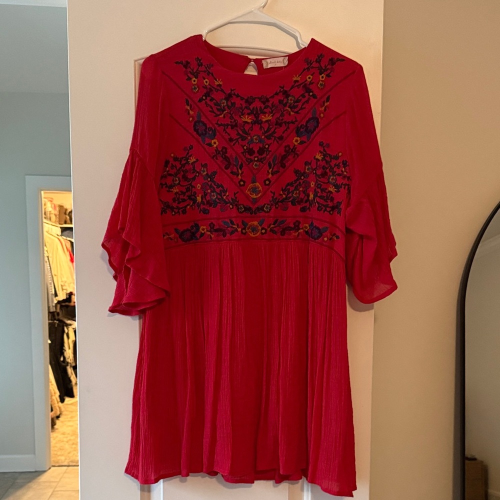 Embroidered Red Women’s Flowing Tunic Dress
